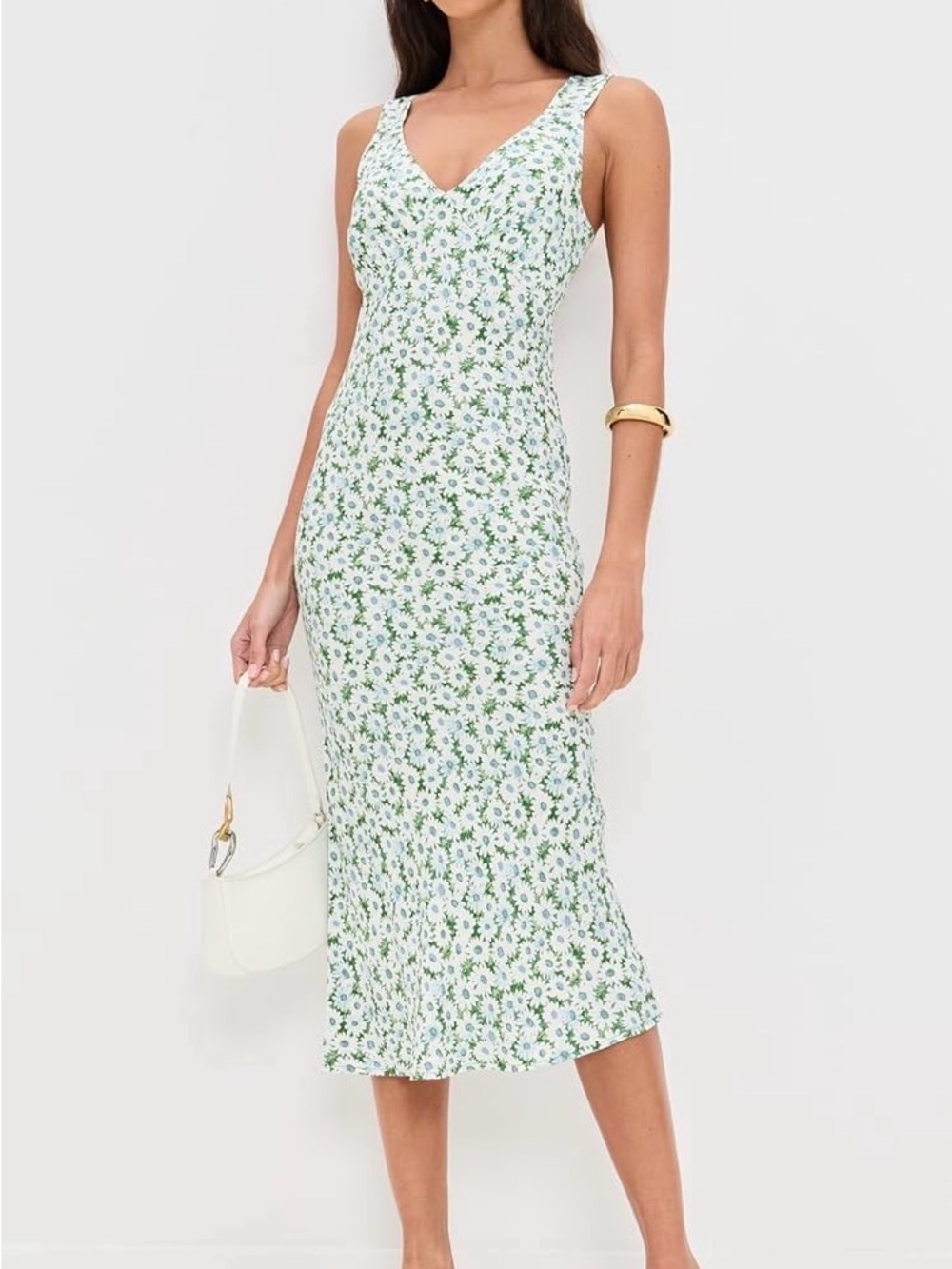 Reformation White & Green Floral Beauden Midi Dress